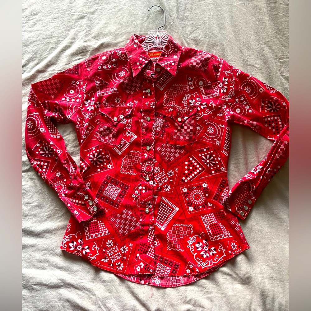 Vintage ELY PLAINS Red Bandana Pearl Snap Western top SZ 13/14